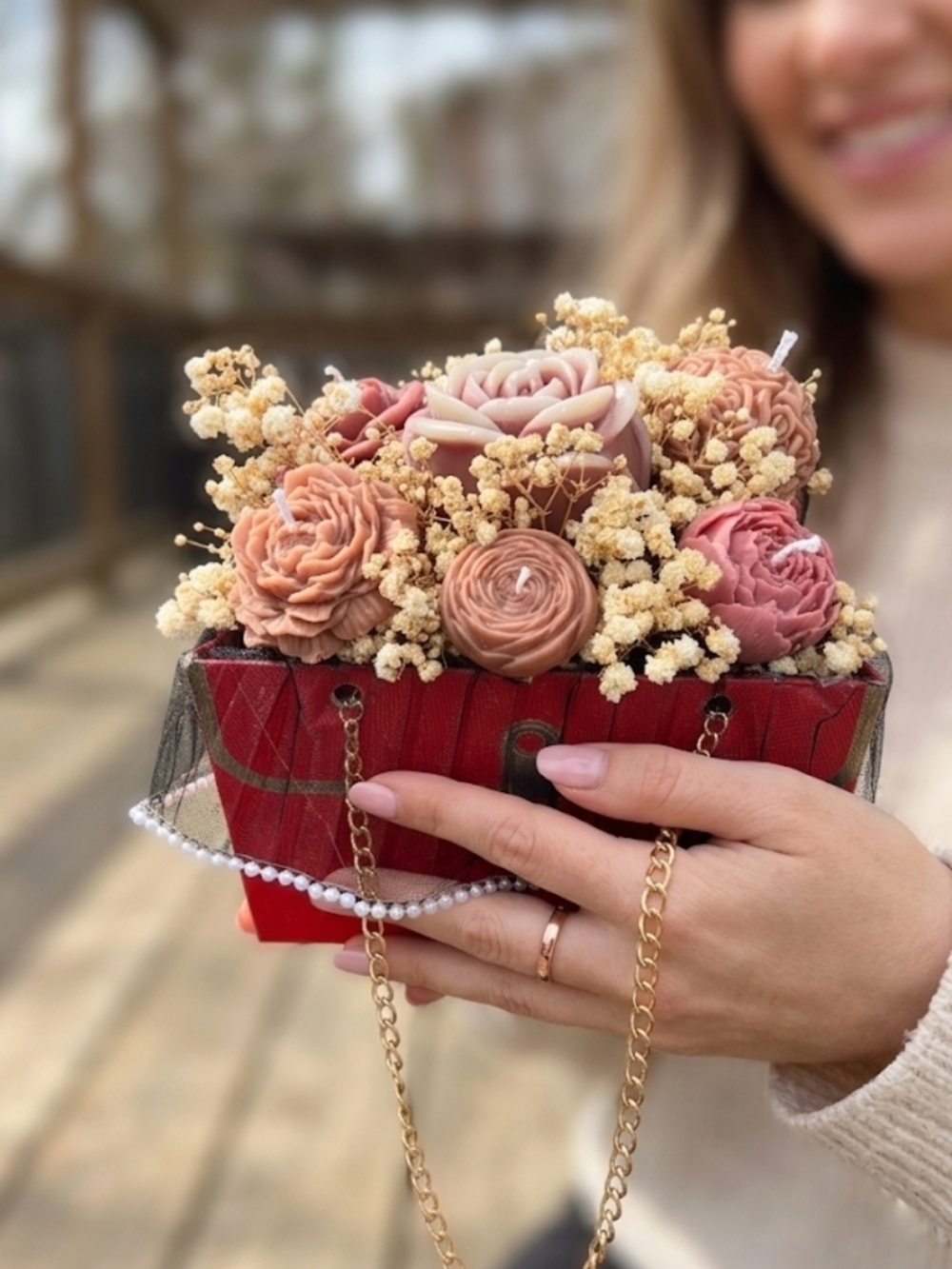 Aesthetic Handbag Candle Bouquet Gift | Cute Purse Style Decor Floral Candle